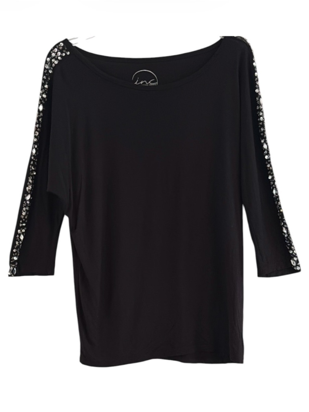 INC International Concepts Black Rhinestone Stripe Sleeve Dolman Top Size L